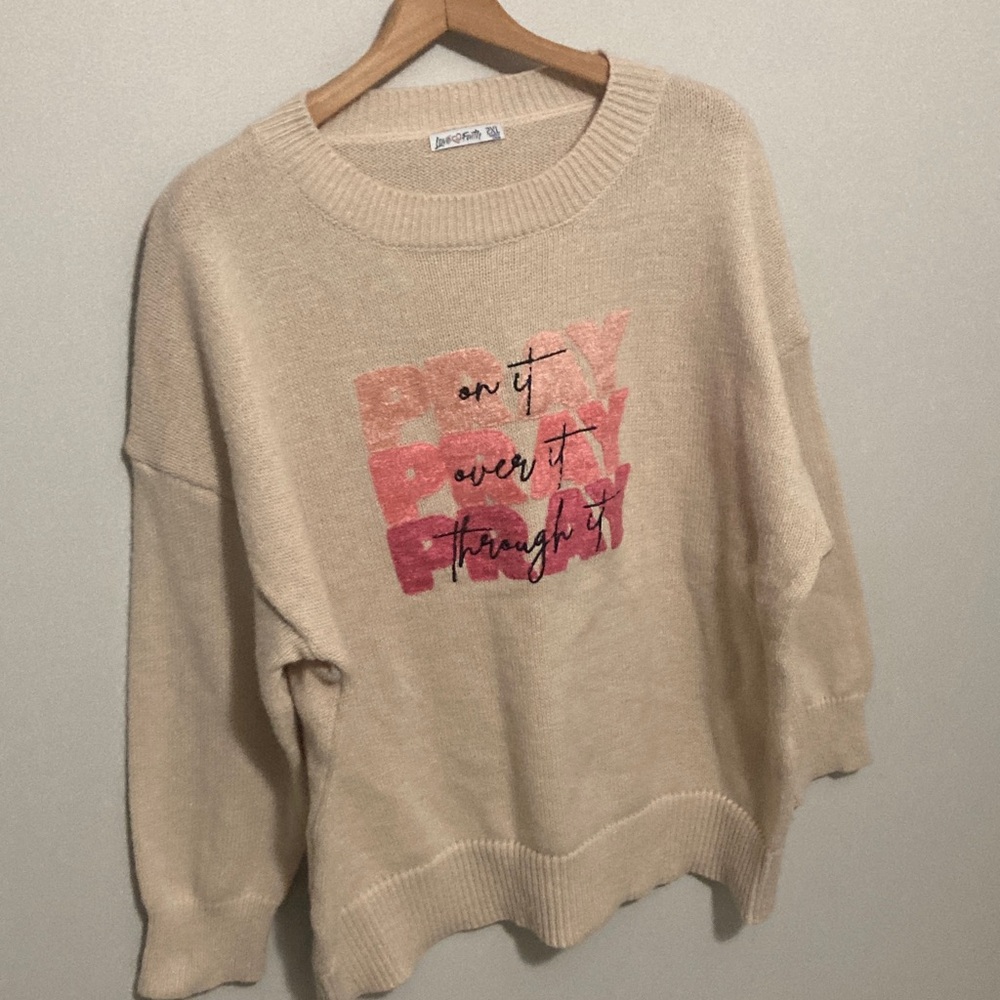 Pray on It Cozy Embellished Sweater, women’s size 2XL, Beige and Pink Oversized - Picture 3 of 11
